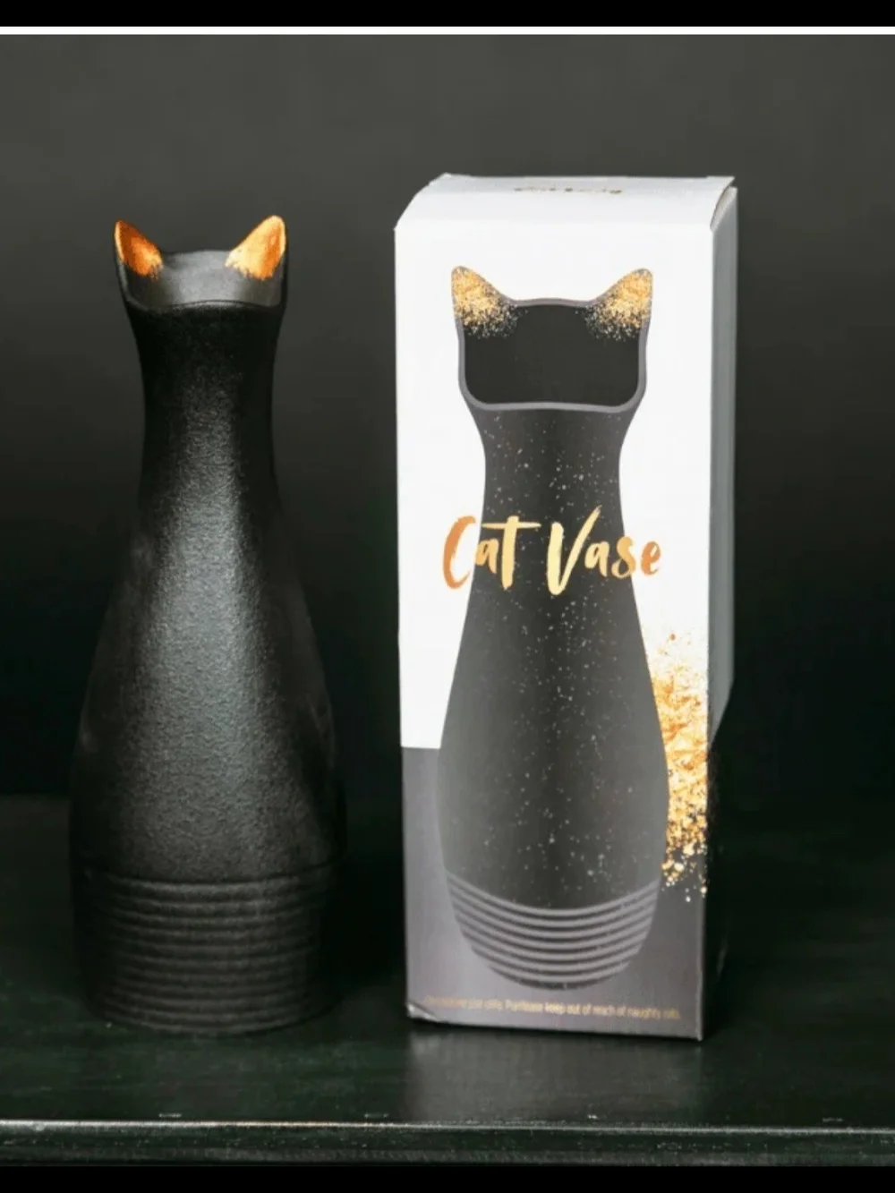 Black Cat Ceramic Vase with Gold Accent